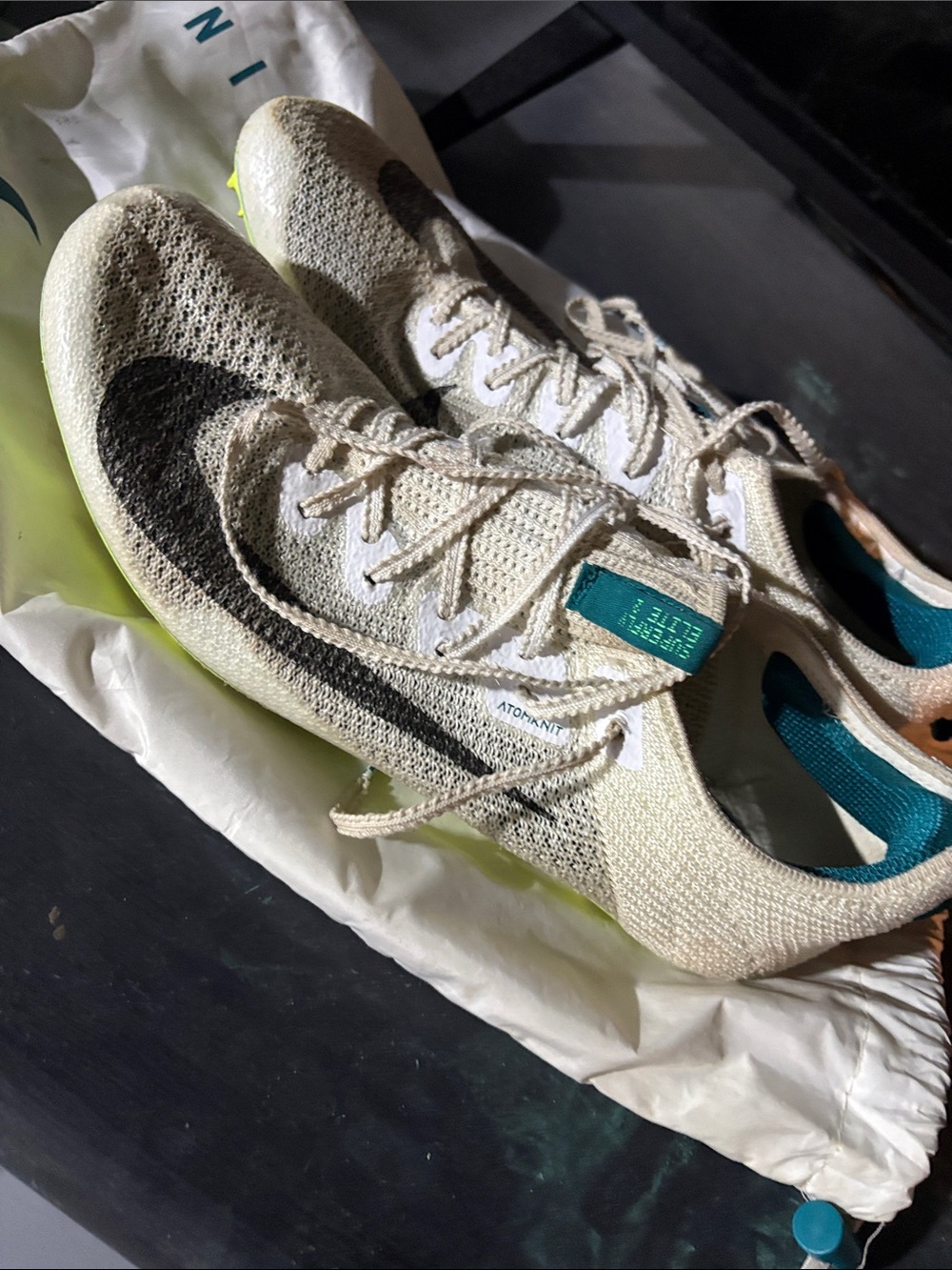 Nike Cream Knit Racing Shoes with Black Swoosh and Teal Accents
